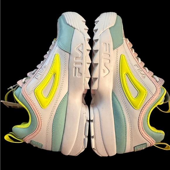 New, Fila Disruptor II Premium (Big Kid) White/Safety Yellow/Blue, Size 6 - Picture 12 of 14